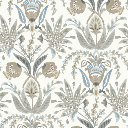 York Wallcoverings Inspired by Color Seaside Jacobean Taupe and Blue Wallpaper  Florals and Flowers Whites and Off-Whites   - MN1915