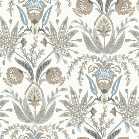 York Wallcoverings Inspired by Color Seaside Jacobean Taupe and Blue Wallpaper  Florals and Flowers Whites and Off-Whites   - MN1915