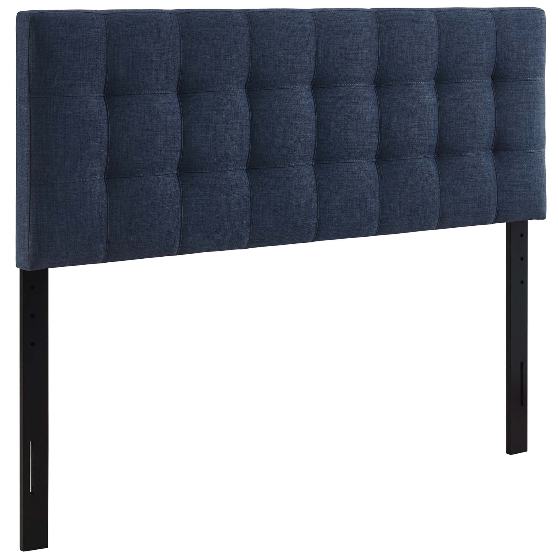 Navy blue tufted upholstered headboard with square panels and black metal legs.