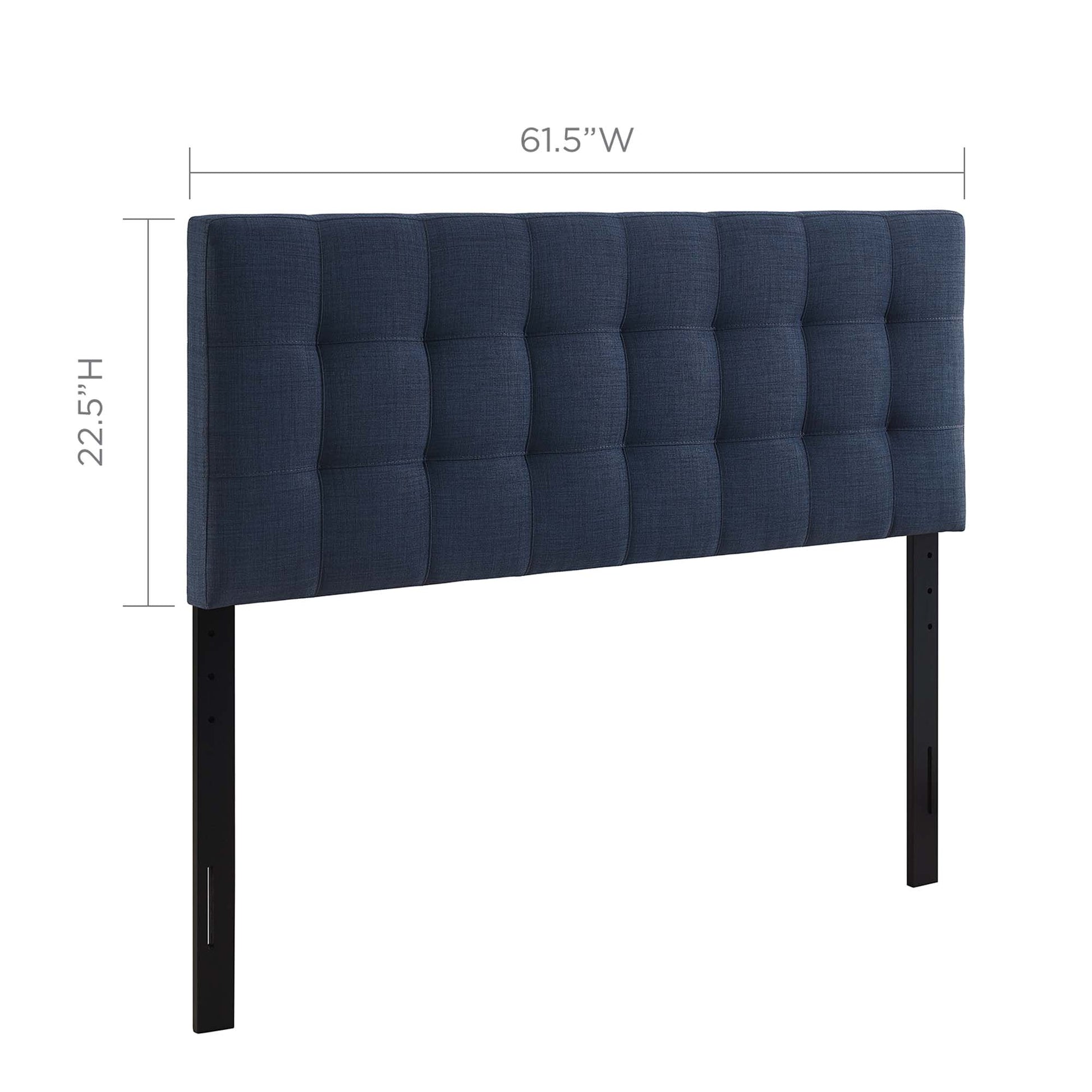 Navy blue tufted upholstered headboard panel with black metal legs; 61.5W x 22.5H, modern style.