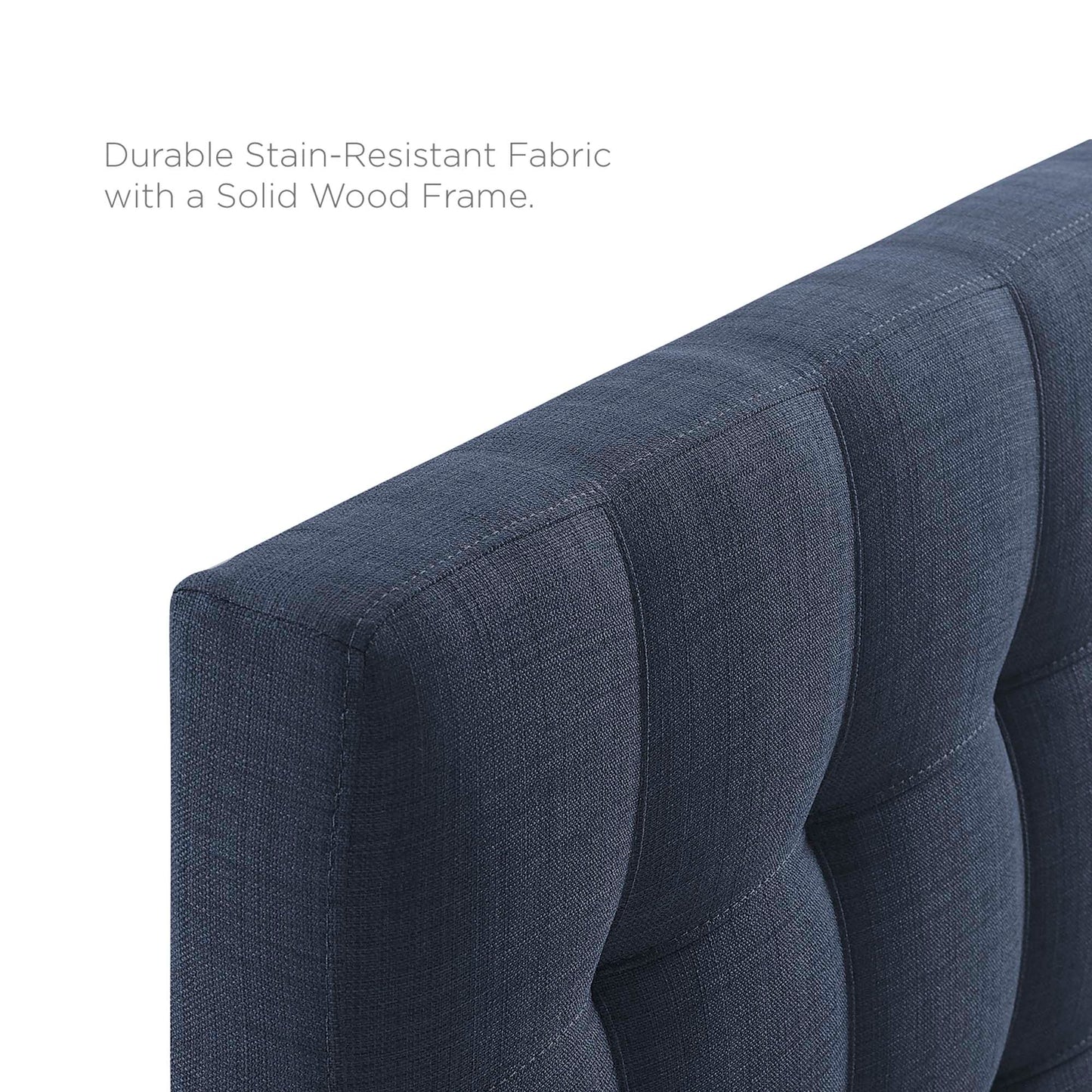 Navy blue tufted queen headboard, upholstered in stain-resistant fabric with a solid wood frame.