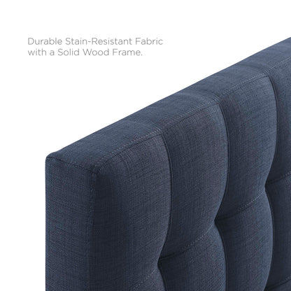 Navy blue tufted queen headboard, upholstered in stain-resistant fabric with a solid wood frame.
