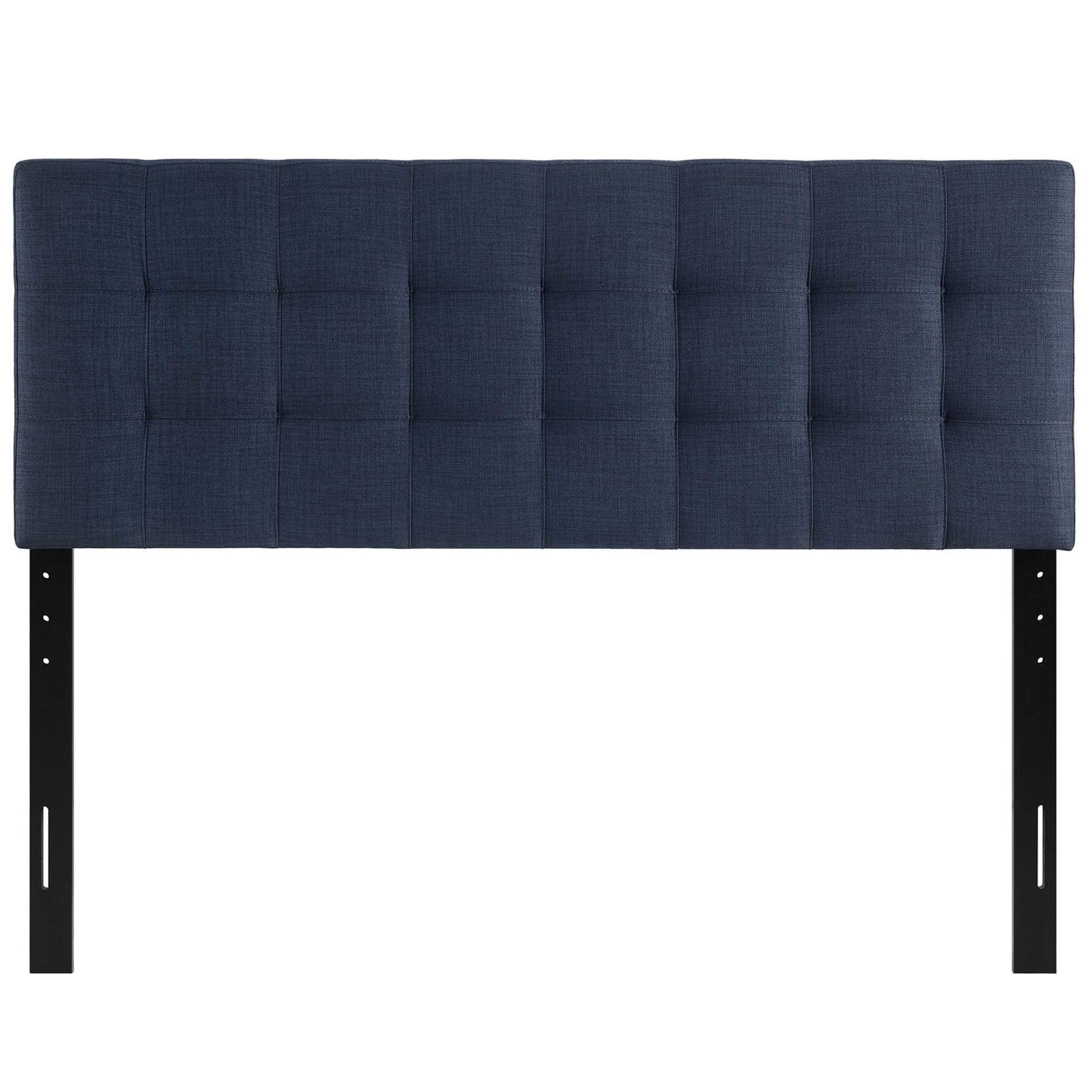 Navy blue tufted headboard with square stitching and black metal legs.