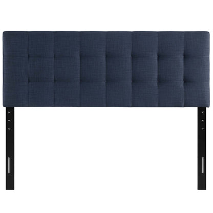 Navy blue tufted headboard with square stitching and black metal legs.