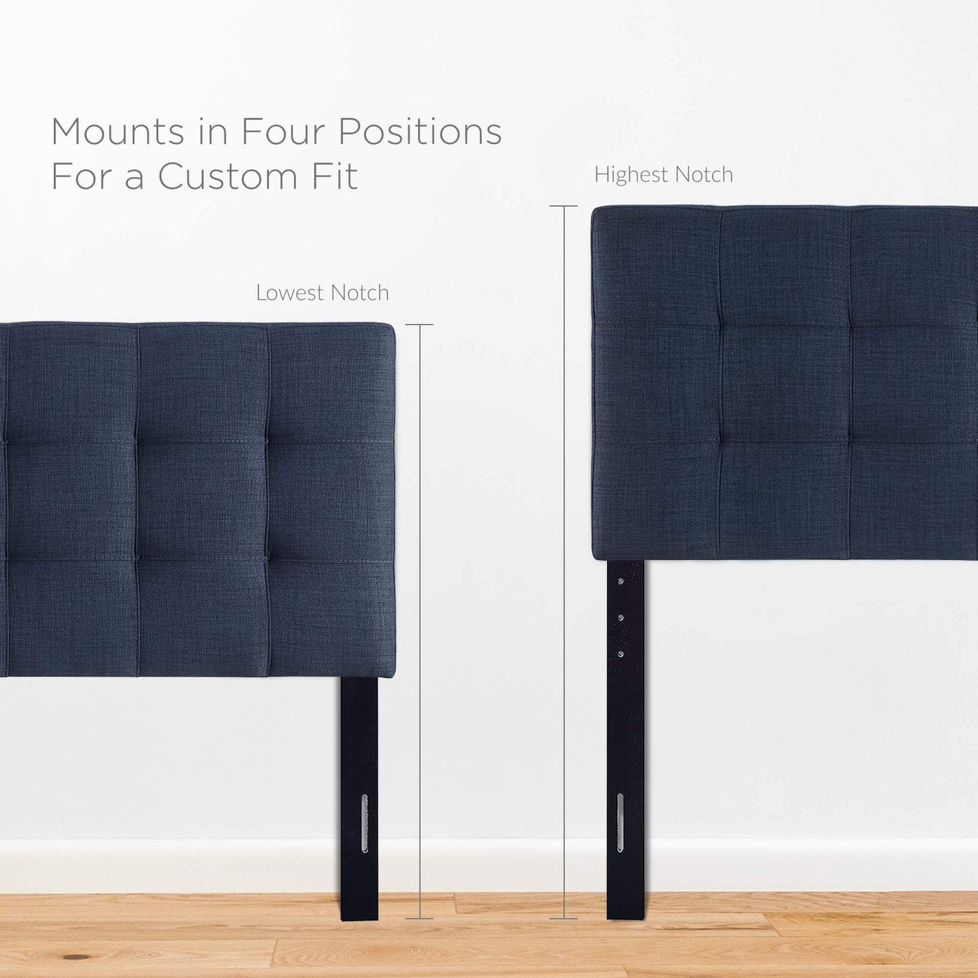 Navy tufted fabric headboard with four-position mounts and black legs.