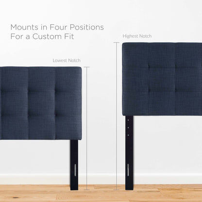 Navy tufted fabric headboard with four-position mounts and black legs.