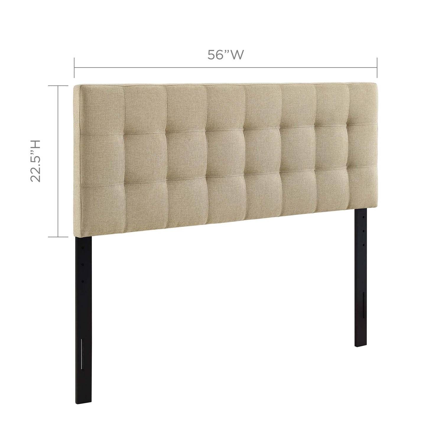 Brown tufted upholstered fabric full headboard with black metal legs, 56W x 22.5H, modern contemporary design.