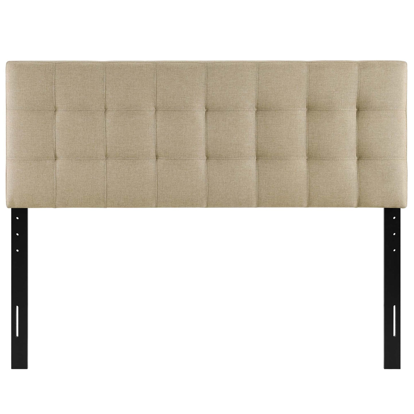 Beige tufted fabric headboard with square grid panels on black metal legs.