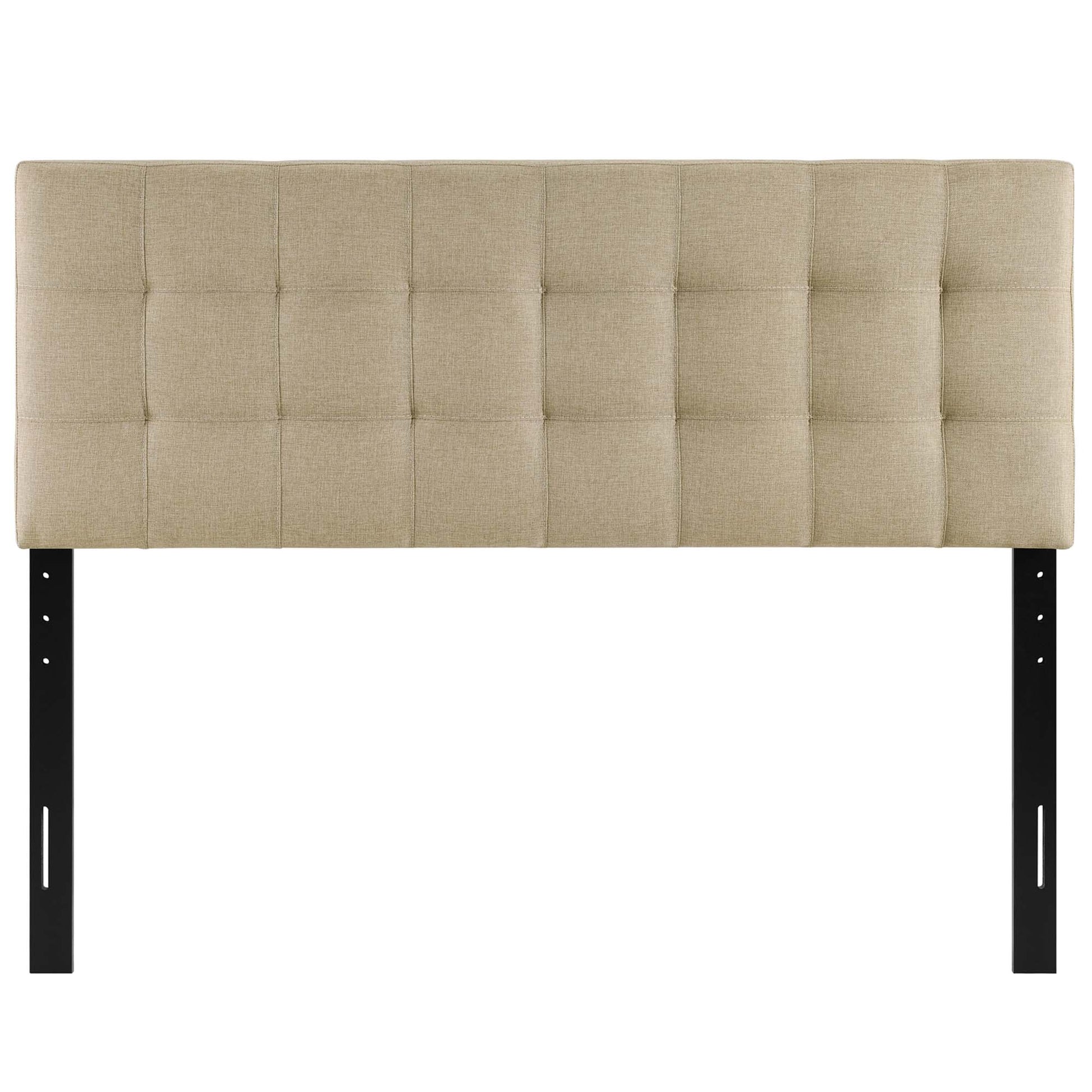 Beige tufted fabric headboard with square grid panels on black metal legs.