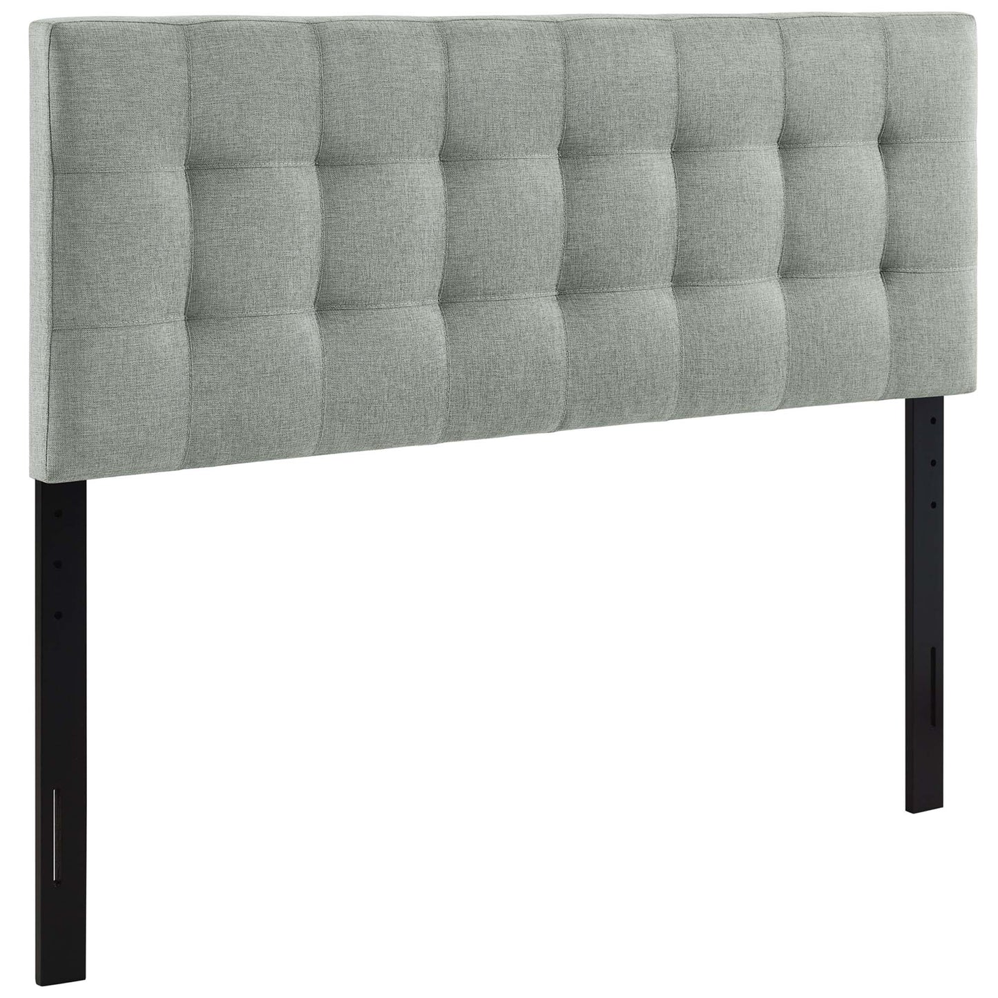 Gray tufted upholstered headboard with square-grid pattern and black leg supports for bed frame