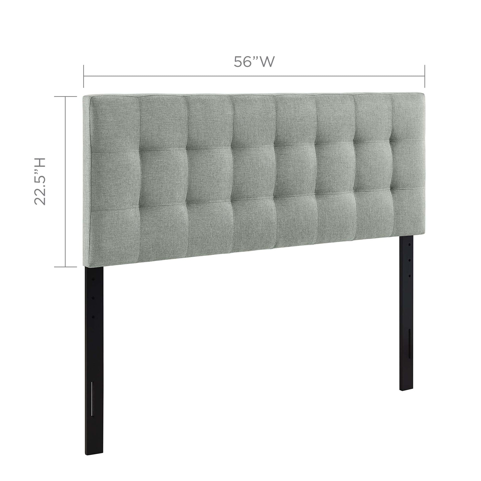 Grey tufted fabric headboard with black metal legs, rectangular modern design, 56W x 22.5H.