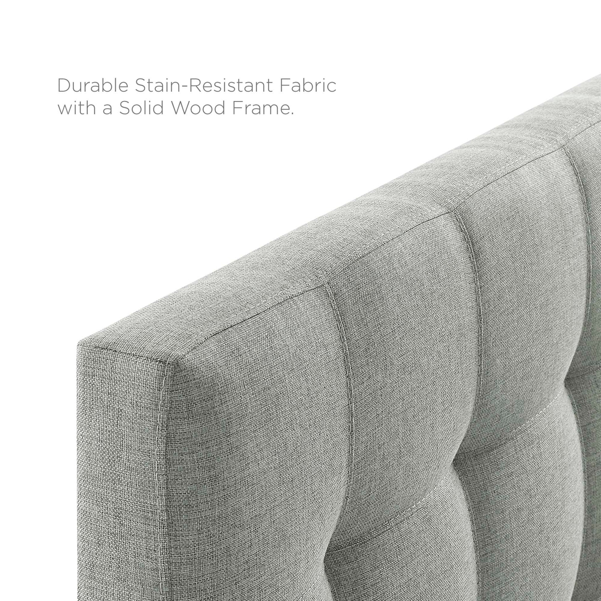 Gray tufted upholstered full headboard with durable stain-resistant fabric and a solid wood frame