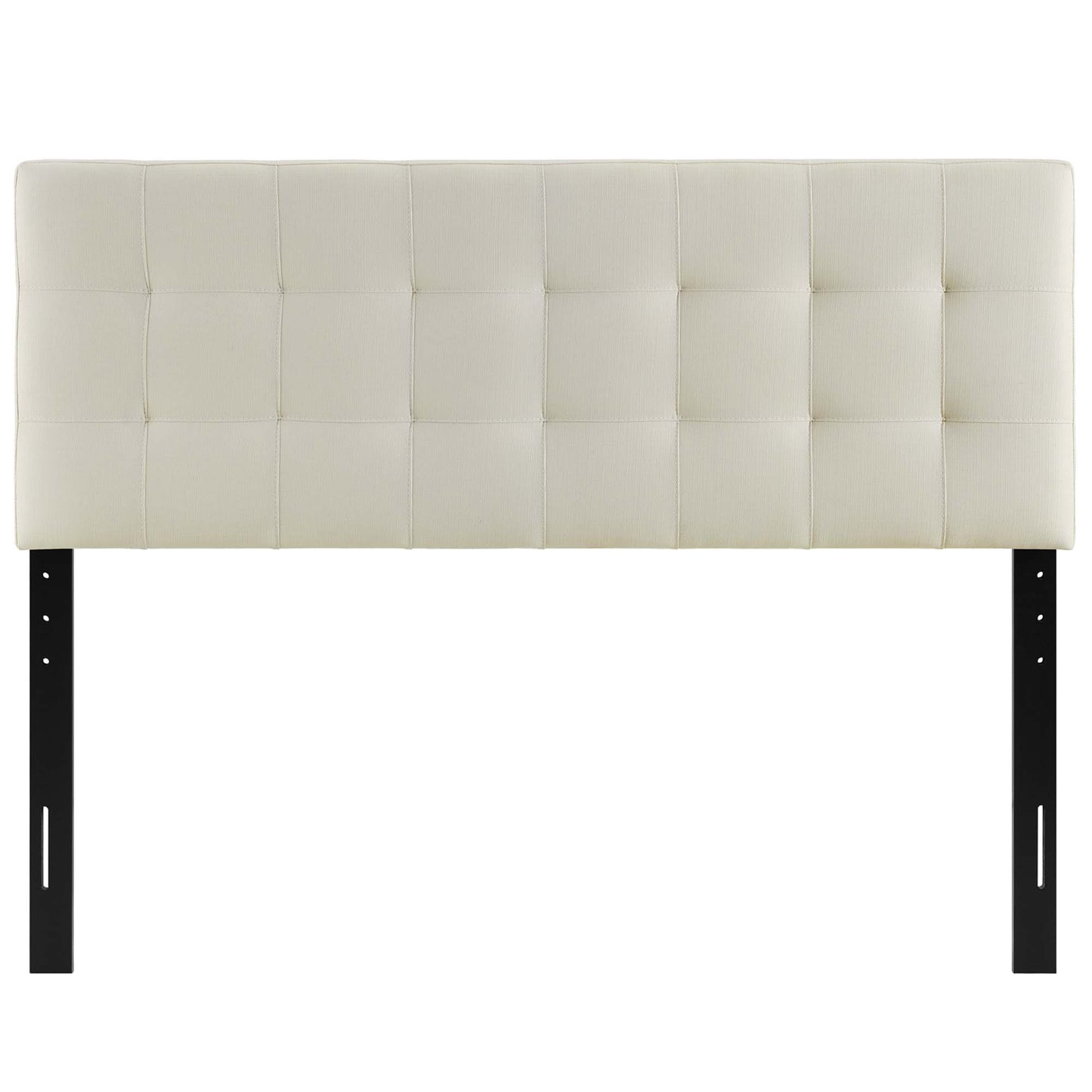 Ivory tufted upholstered headboard with square panels mounted on black metal legs, modern bed centerpiece.
