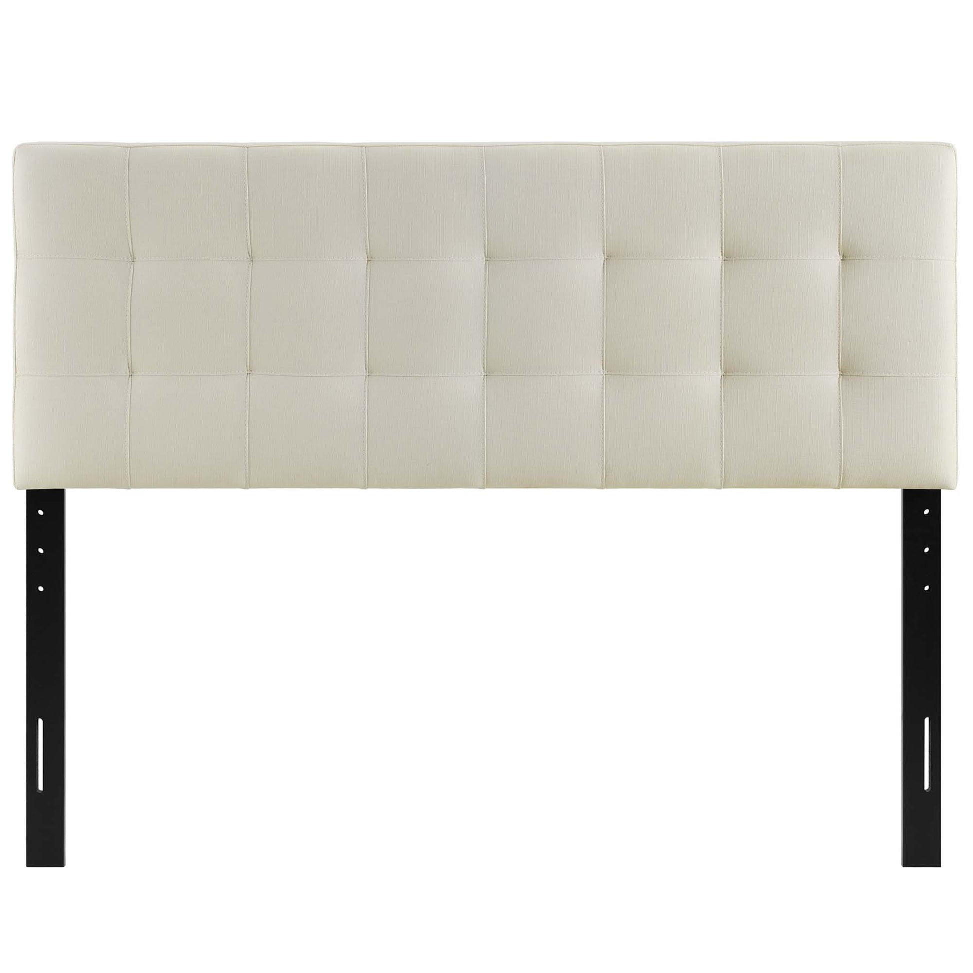 Ivory tufted upholstered headboard with square panels mounted on black metal legs, modern bed centerpiece.