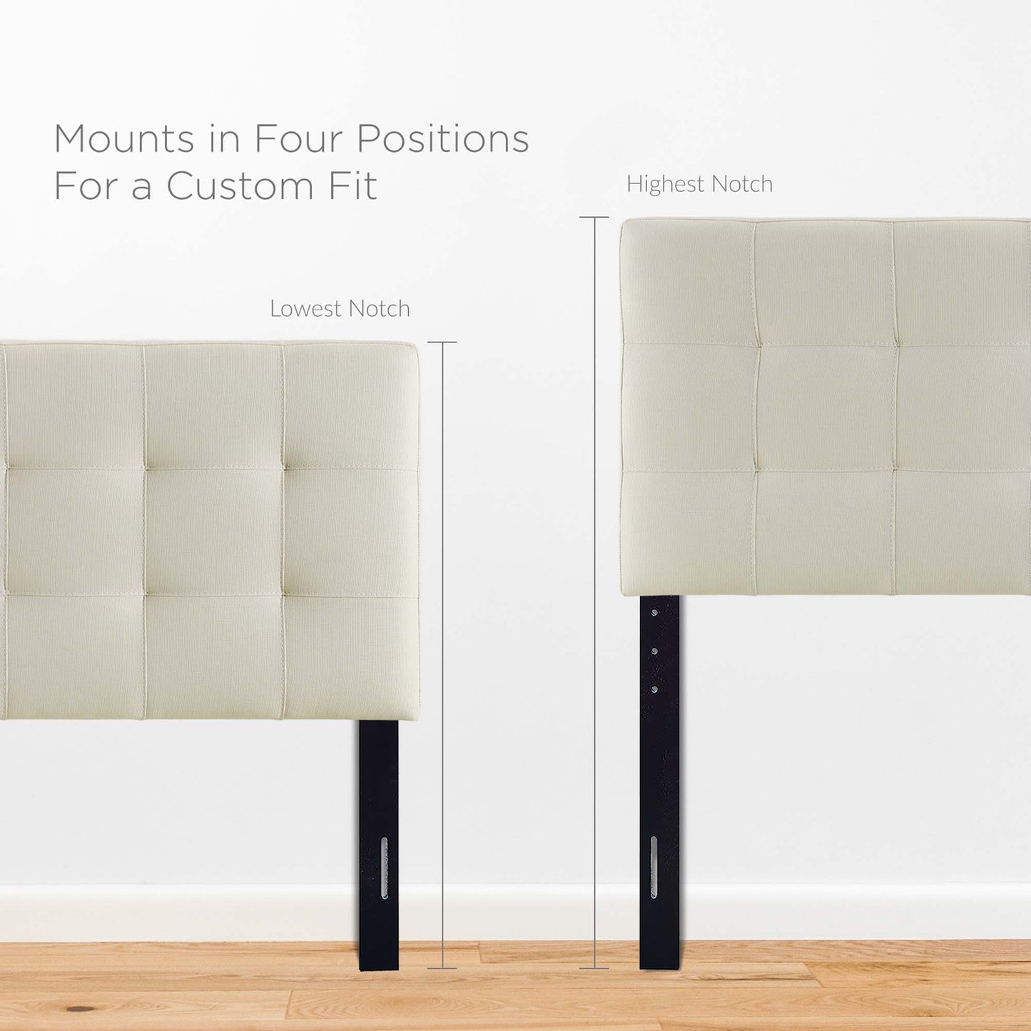 Ivory upholstered headboard with four-position adjustable mounts on black metal posts.