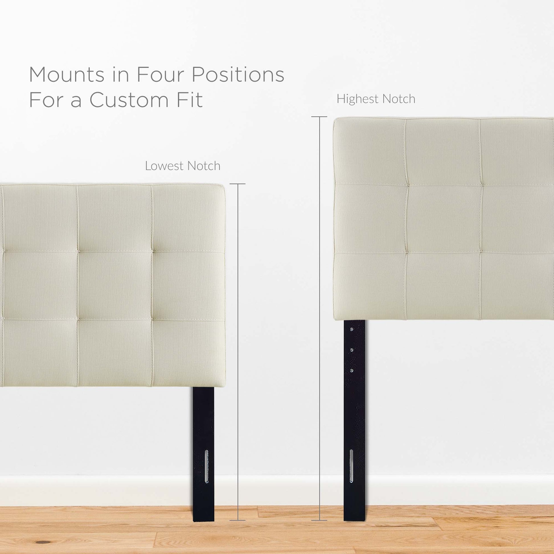 Ivory upholstered headboard with four-position adjustable mounts on black metal posts.