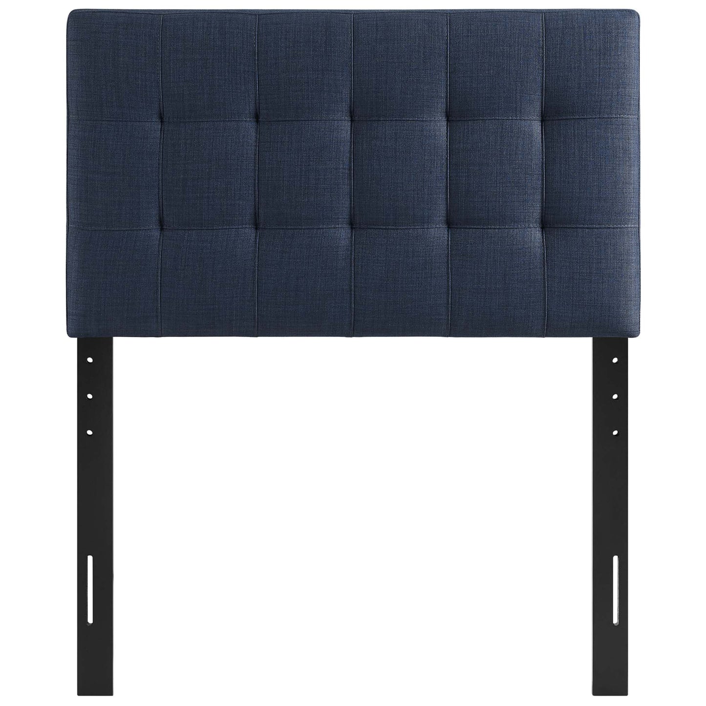 Navy blue tufted fabric headboard with grid quilting, mounted on black metal legs for bed frame.