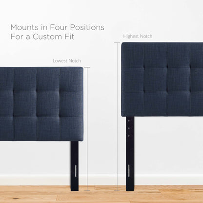 Navy blue tufted panel with black metal legs, adjustable in four notch positions for a custom fit.