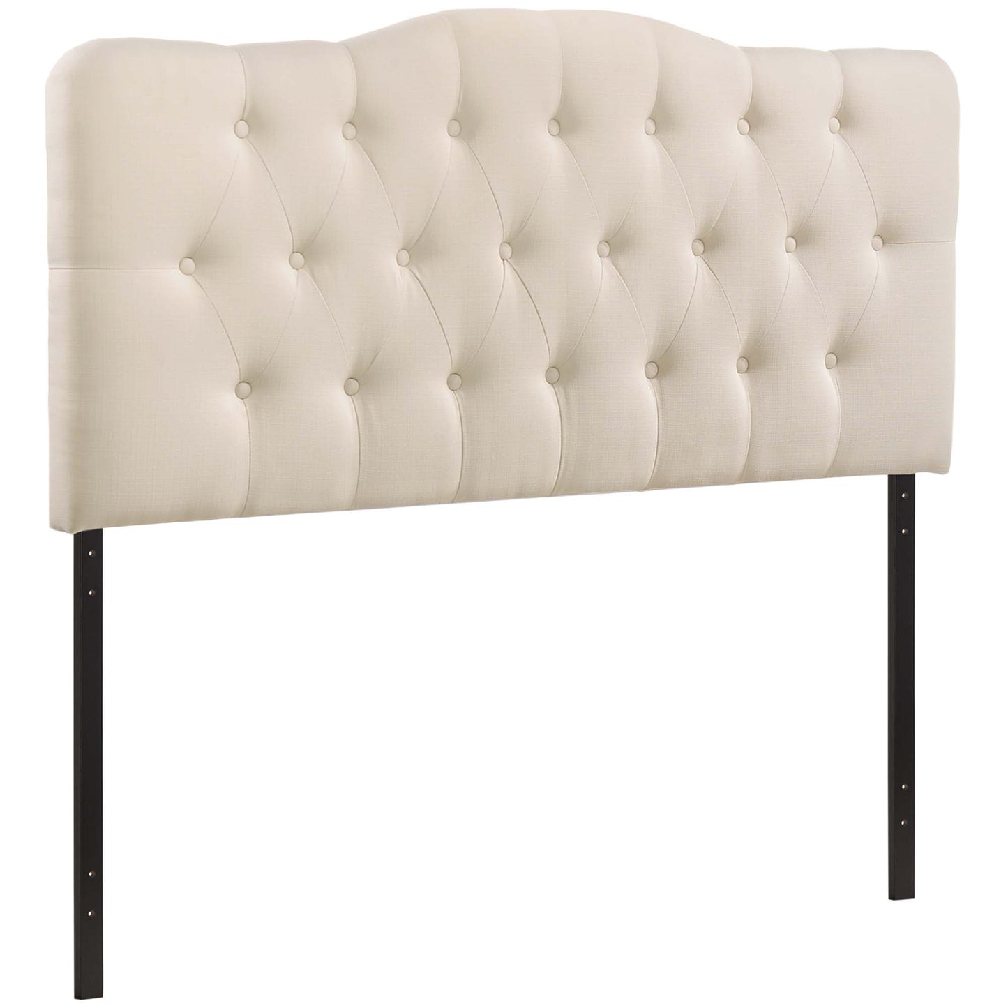 Ivory upholstered tufted headboard with button detailing, curved top, supported by black metal legs.