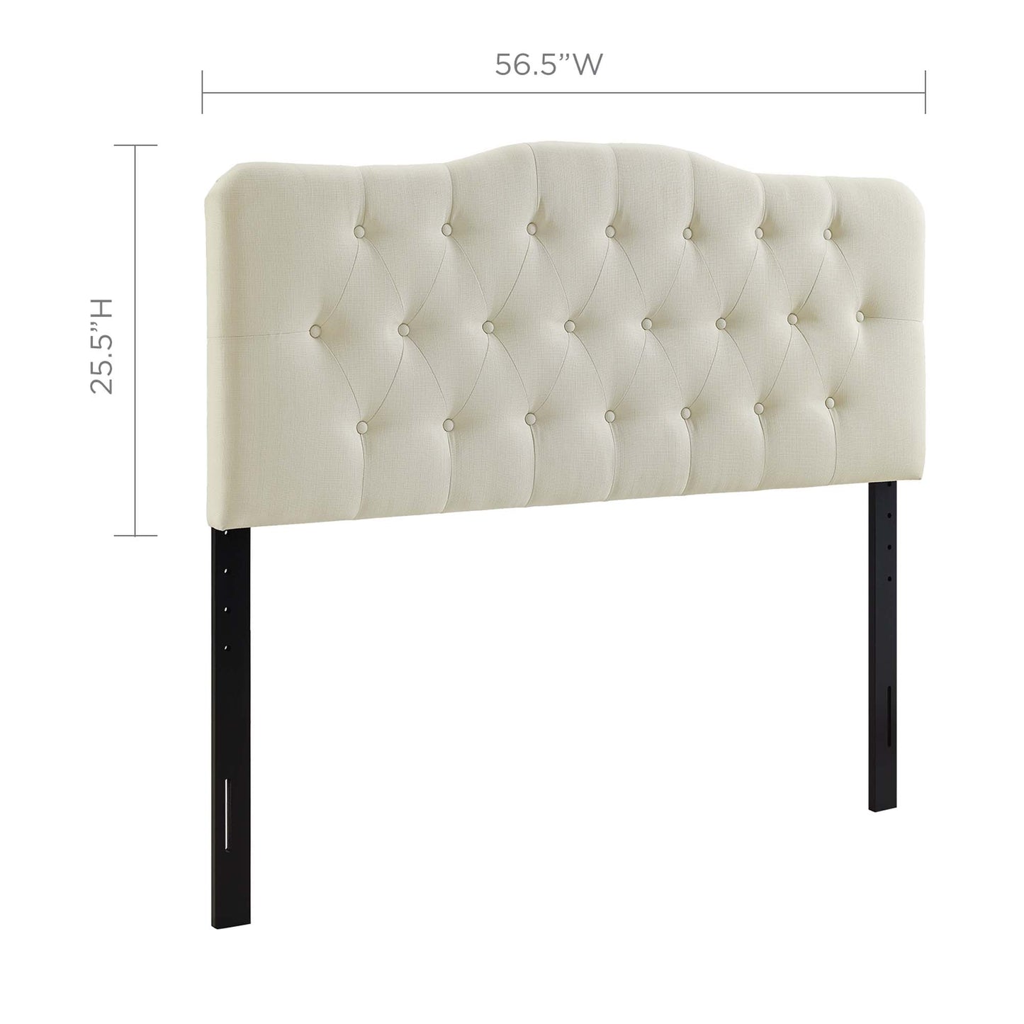 Ivory tufted upholstered headboard with button tufting and black metal legs; 56.5"W x 25.5"H.