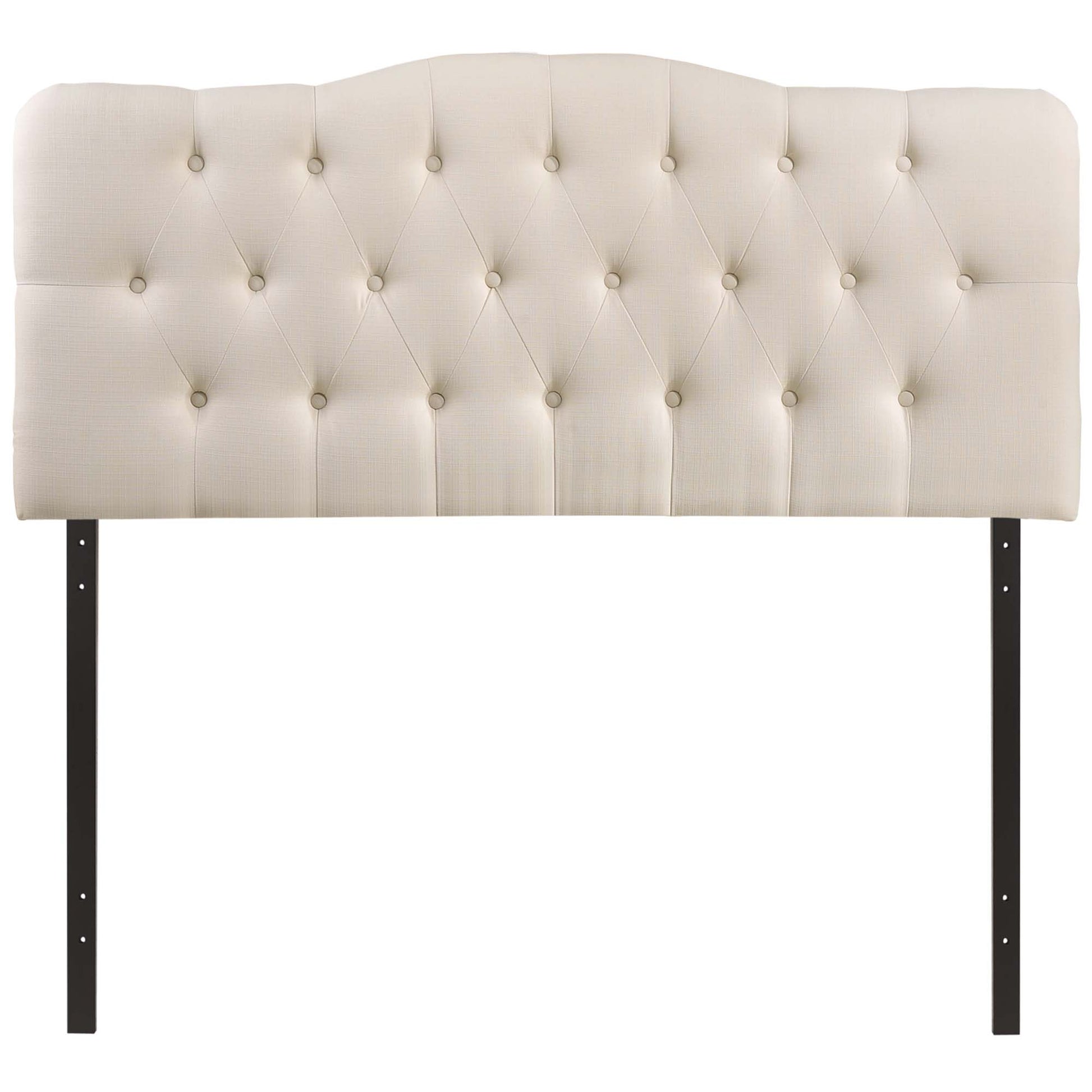 Ivory fabric tufted headboard with curved top and diamond button pattern, supported by black metal legs.