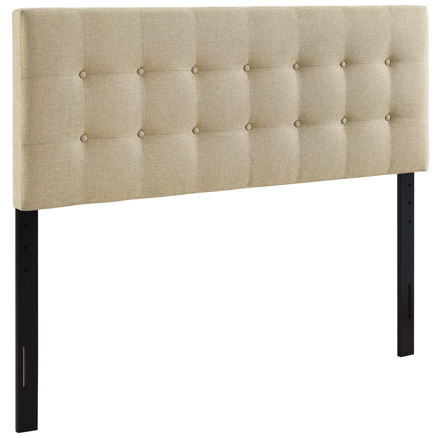Brown tufted fabric queen headboard with button detailing and black rectangular legs, modern bed centerpiece.