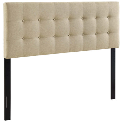 Brown tufted fabric queen headboard with button detailing and black rectangular legs, modern bed centerpiece.