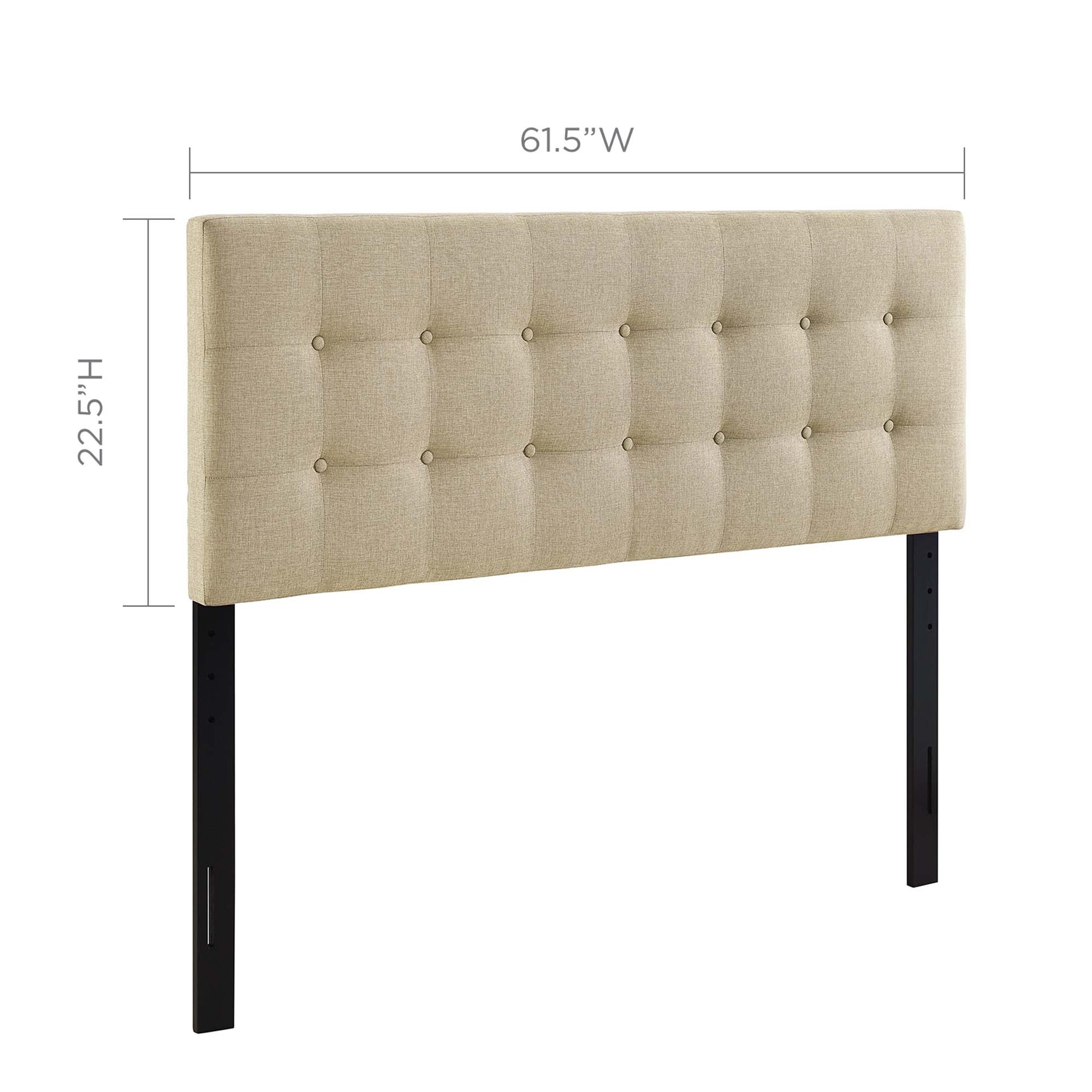 Beige upholstered tufted headboard with button accents, black metal legs, 61.5W x 22.5H.