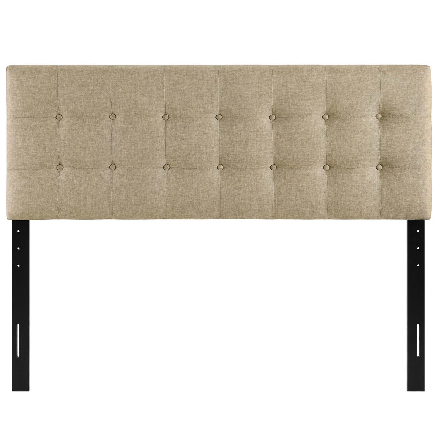 Brown upholstered tufted headboard with button grid, supported by black metal legs.