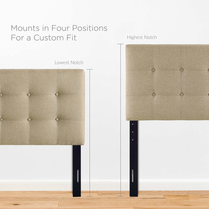 Beige tufted upholstered queen headboard with black metal adjustable legs; four height positions for a custom fit to your bed frame.