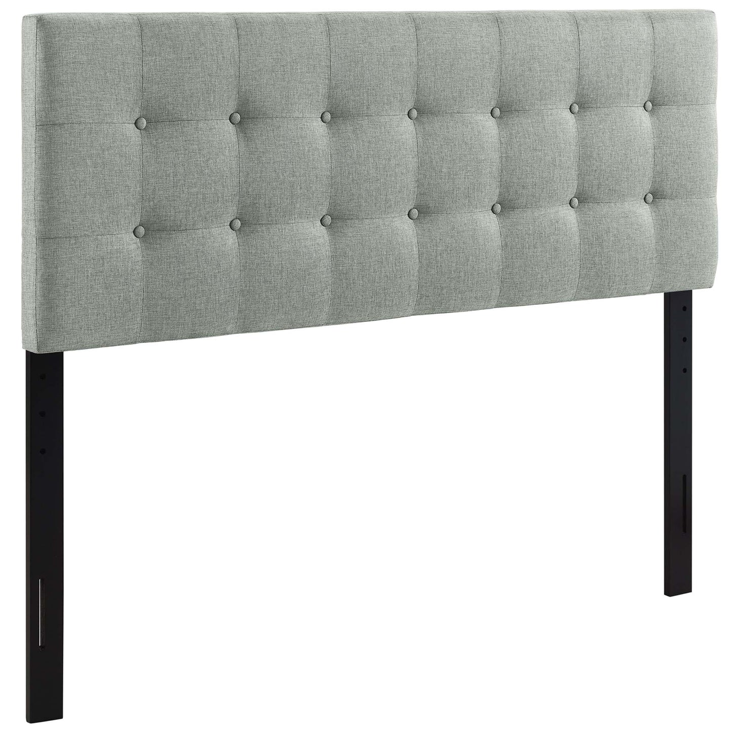 Gray tufted fabric queen headboard with button details and black rectangular legs.