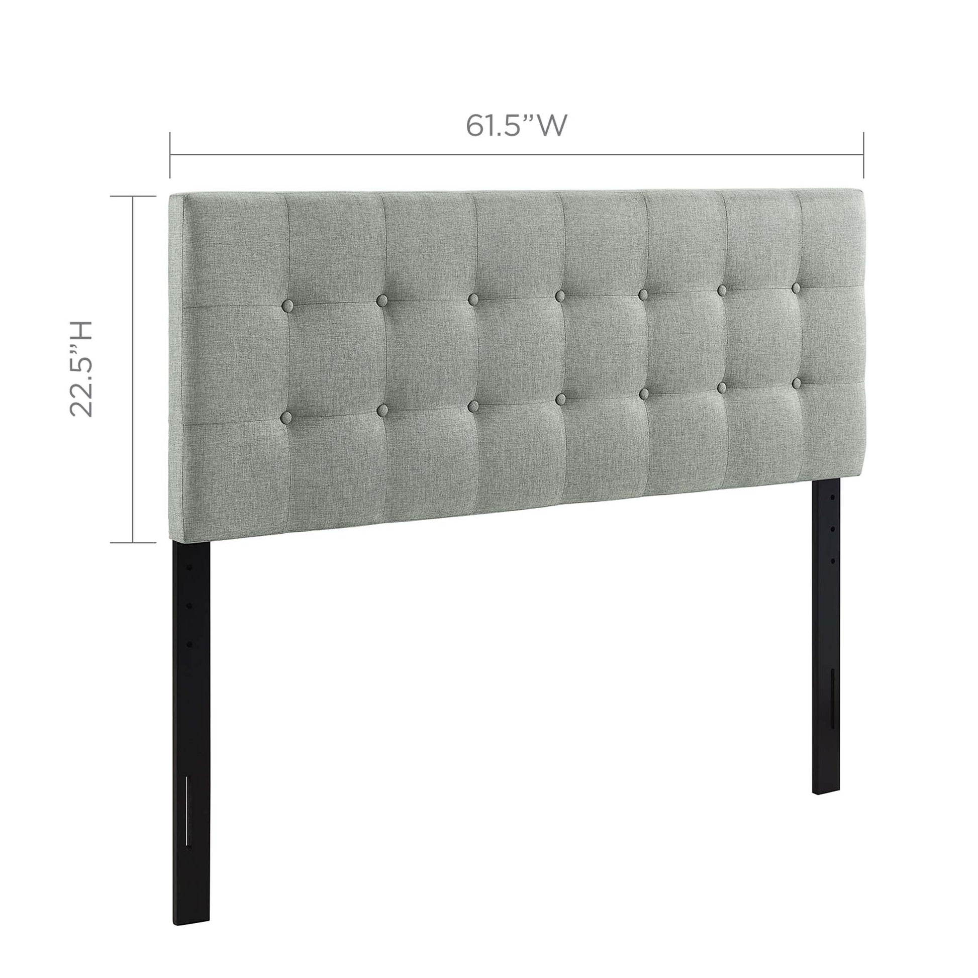 Gray tufted upholstered headboard with square button tufting and black legs, 61.5 in wide by 22.5 in high.