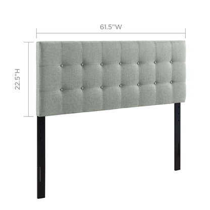 Gray tufted upholstered headboard with square button tufting and black legs, 61.5 in wide by 22.5 in high.