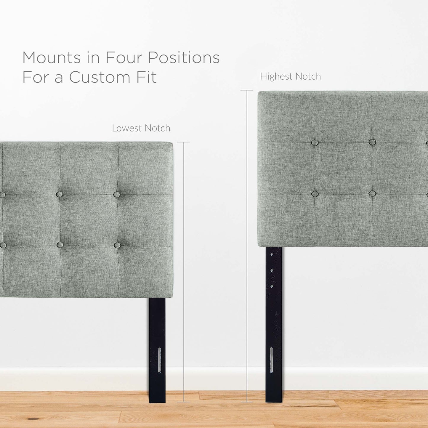 Grey tufted fabric headboard with button accents and black adjustable legs in four positions