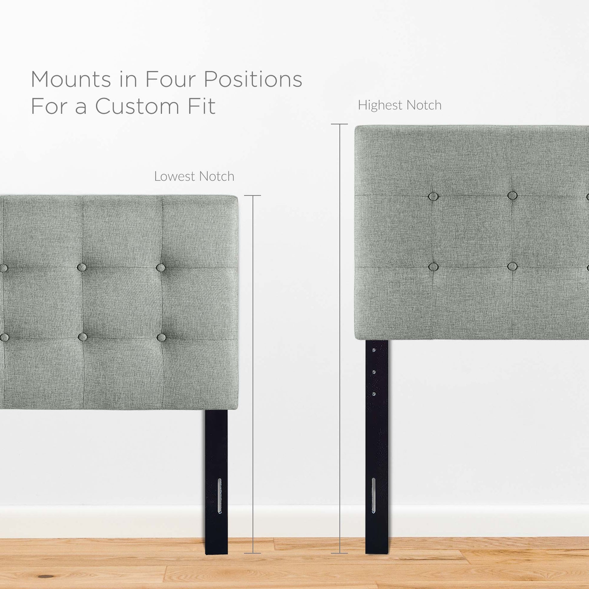 Grey tufted fabric headboard with button accents and black adjustable legs in four positions
