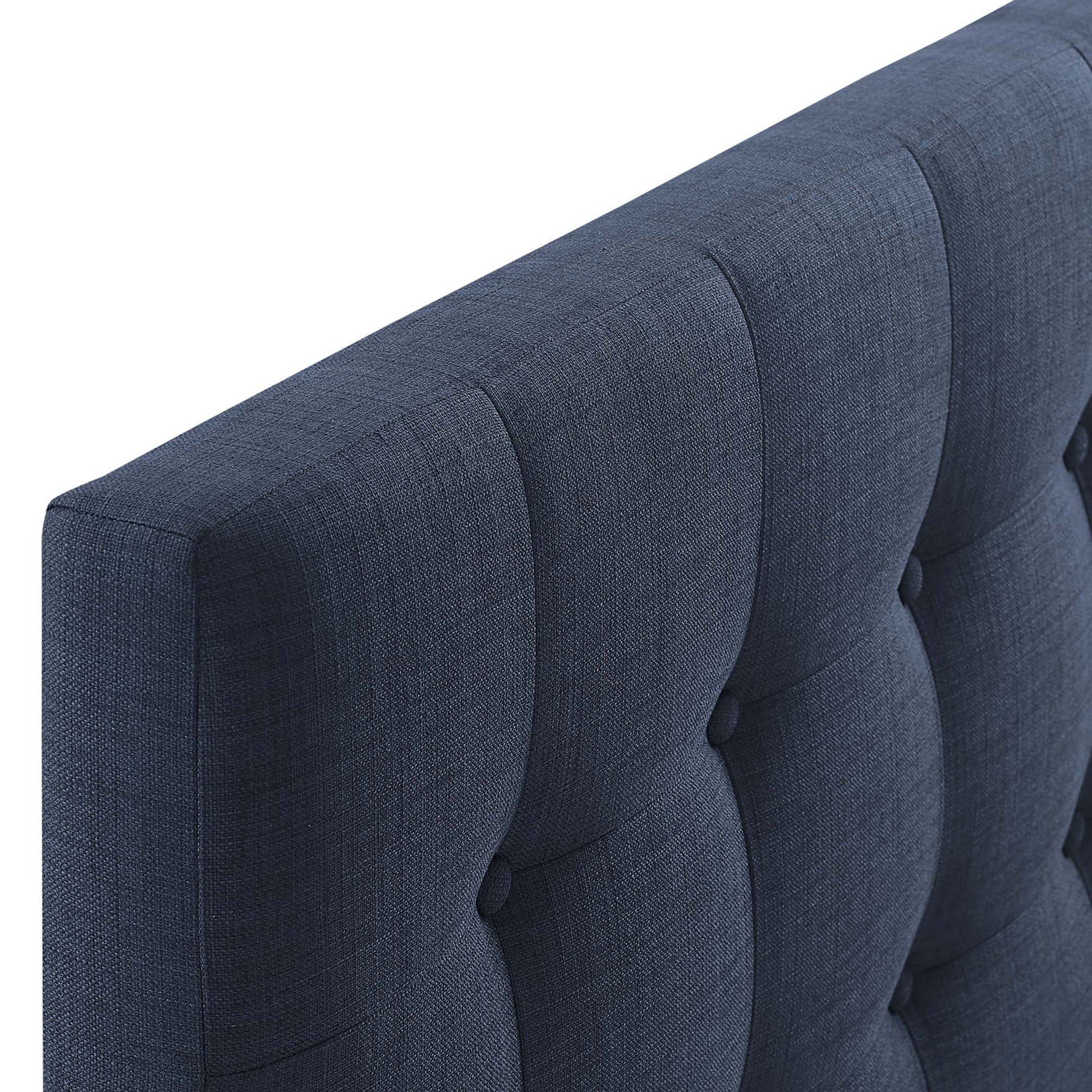 Navy blue tufted fabric headboard with vertical channels and buttons, king size.