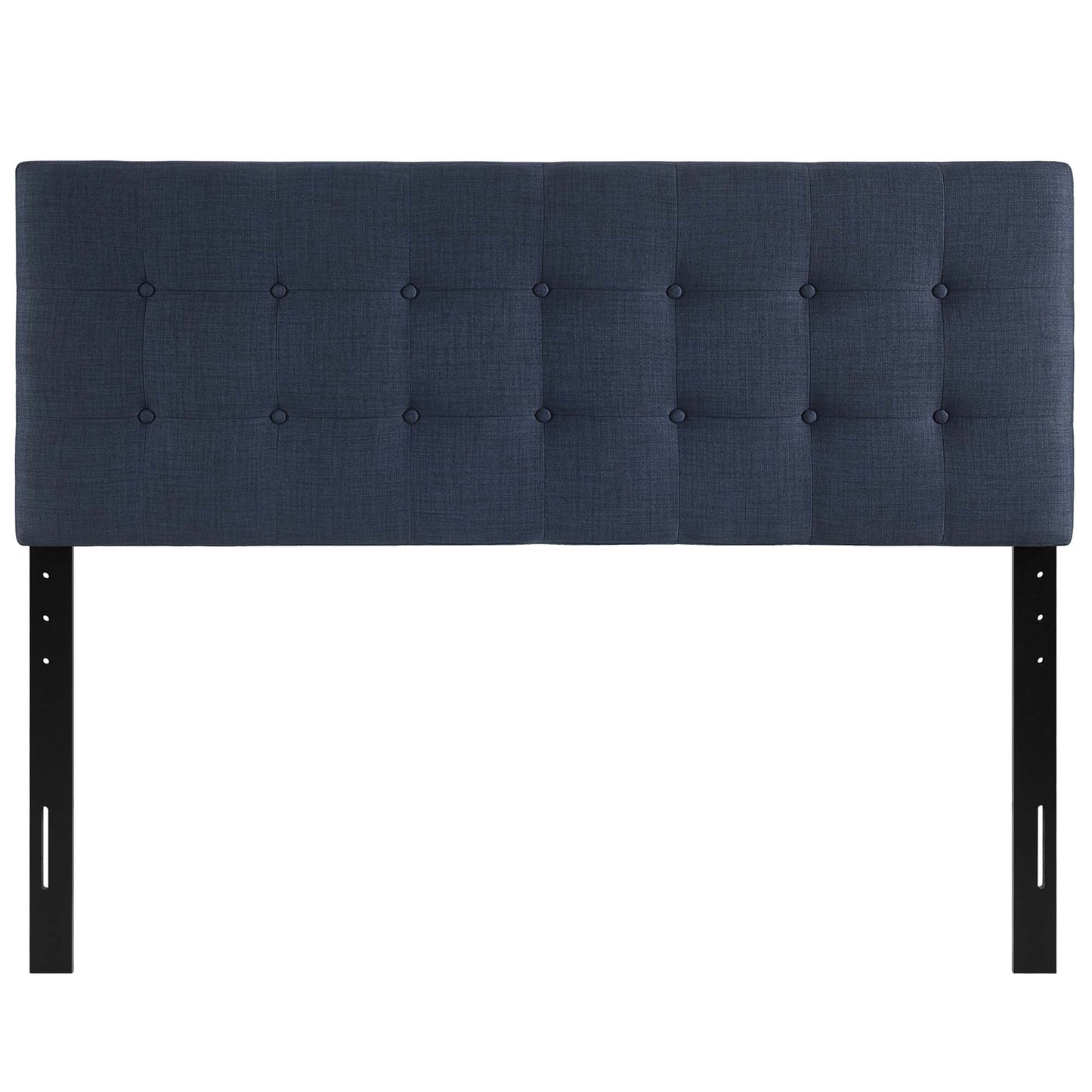 Navy blue tufted fabric headboard with square button tufts and black metal legs for bed frame.