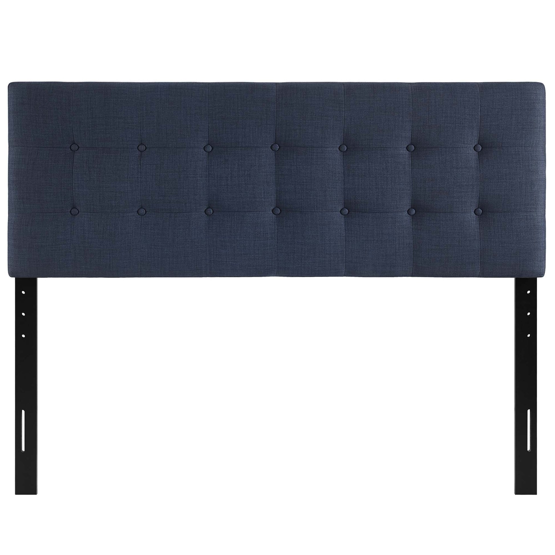 Navy blue tufted fabric headboard with square button tufts and black metal legs for bed frame.