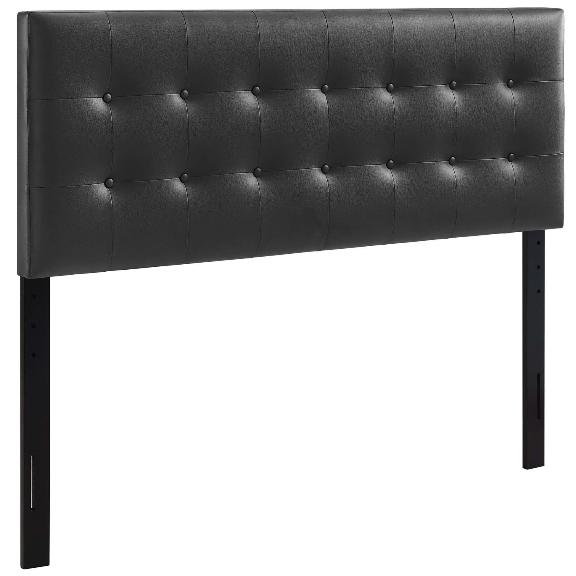 Black vinyl king headboard, tufted with button grid and adjustable metal legs
