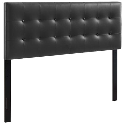 Black vinyl king headboard, tufted with button grid and adjustable metal legs
