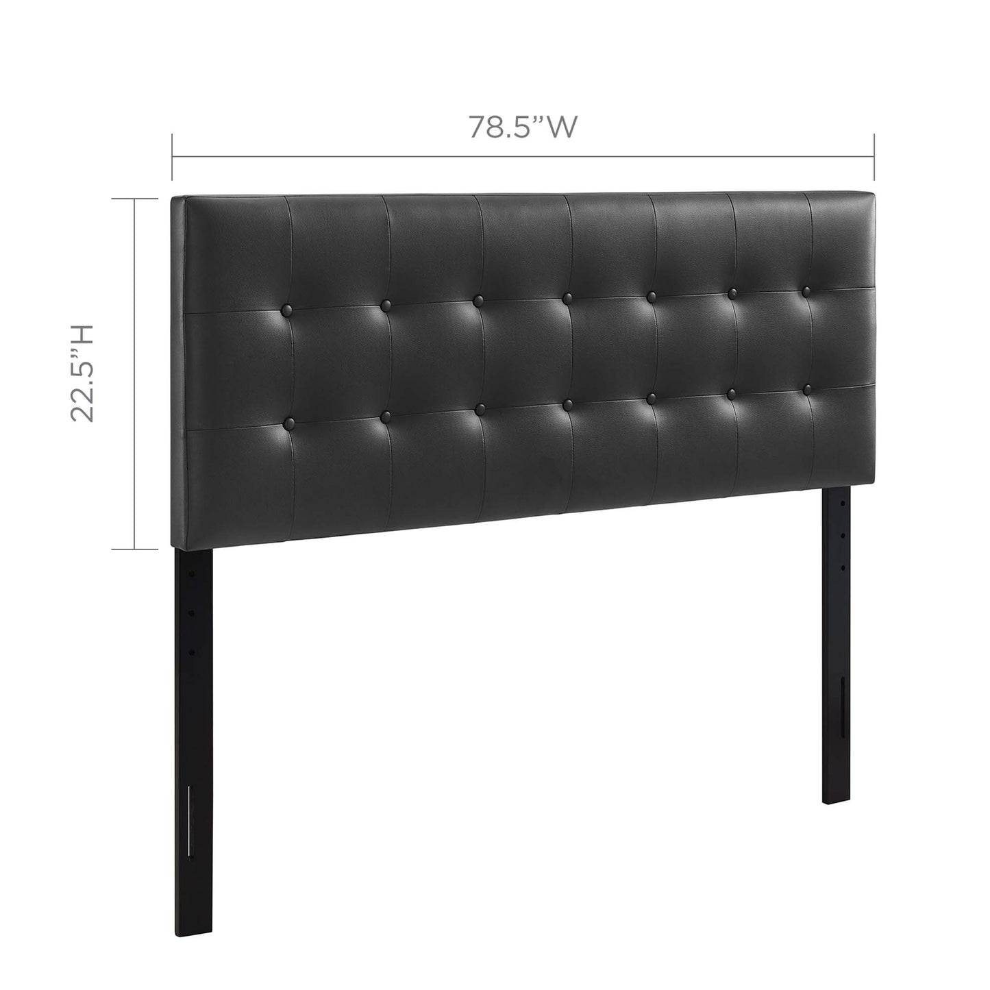 Black upholstered vinyl king headboard with tufted, button-stud detailing, 78.5W x 22.5H, on two black metal legs.