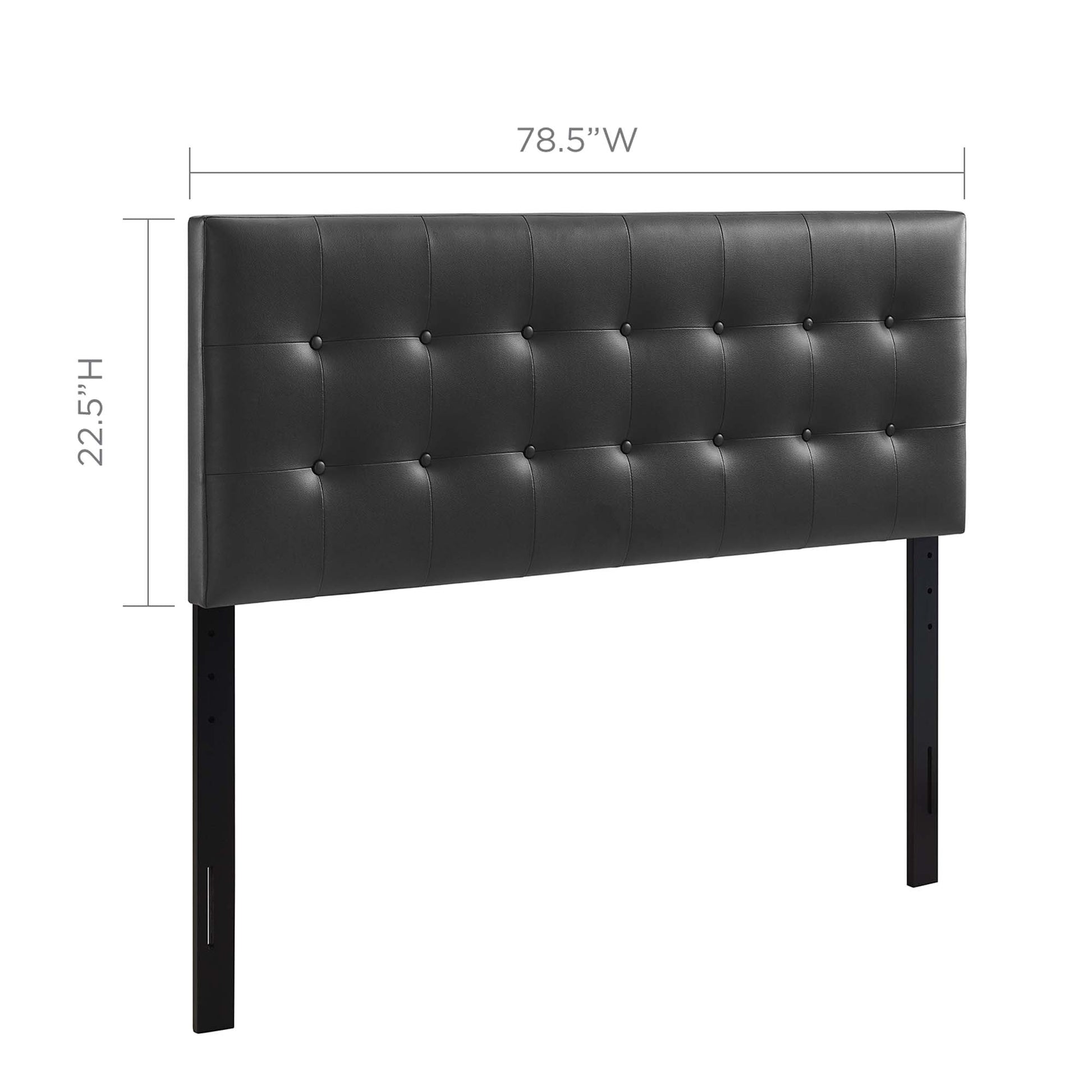 Black upholstered vinyl king headboard with tufted, button-stud detailing, 78.5W x 22.5H, on two black metal legs.