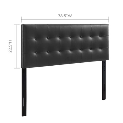 Black upholstered vinyl king headboard with tufted, button-stud detailing, 78.5W x 22.5H, on two black metal legs.