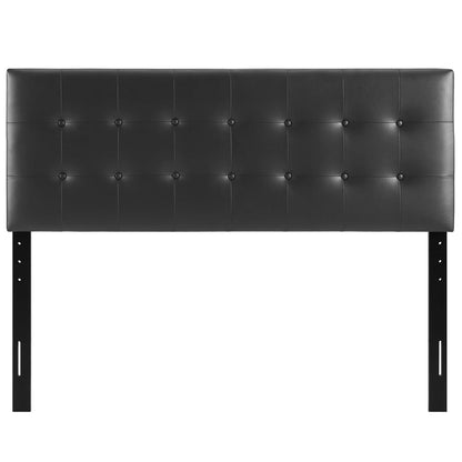 Black tufted upholstered headboard with square button-tufting and metal legs.