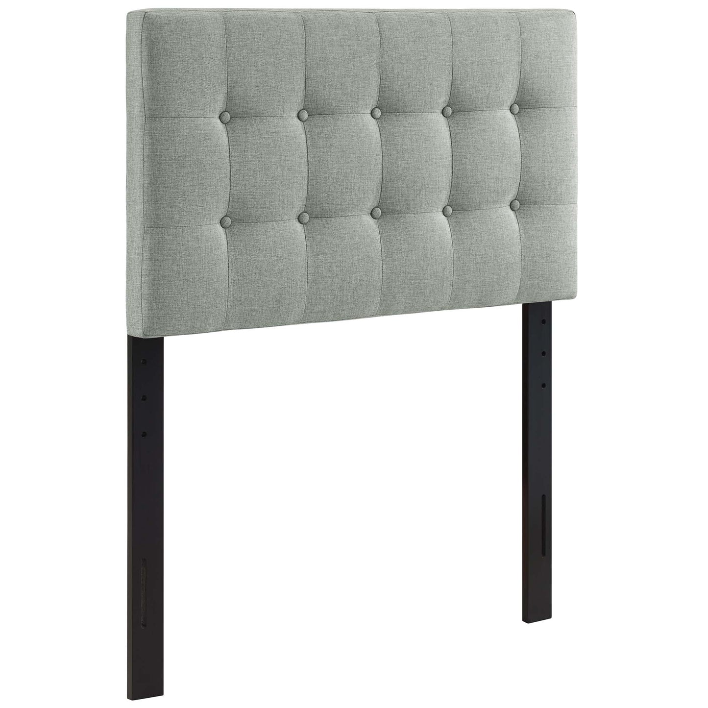 Grey fabric tufted twin headboard with square button tufts & black metal legs.