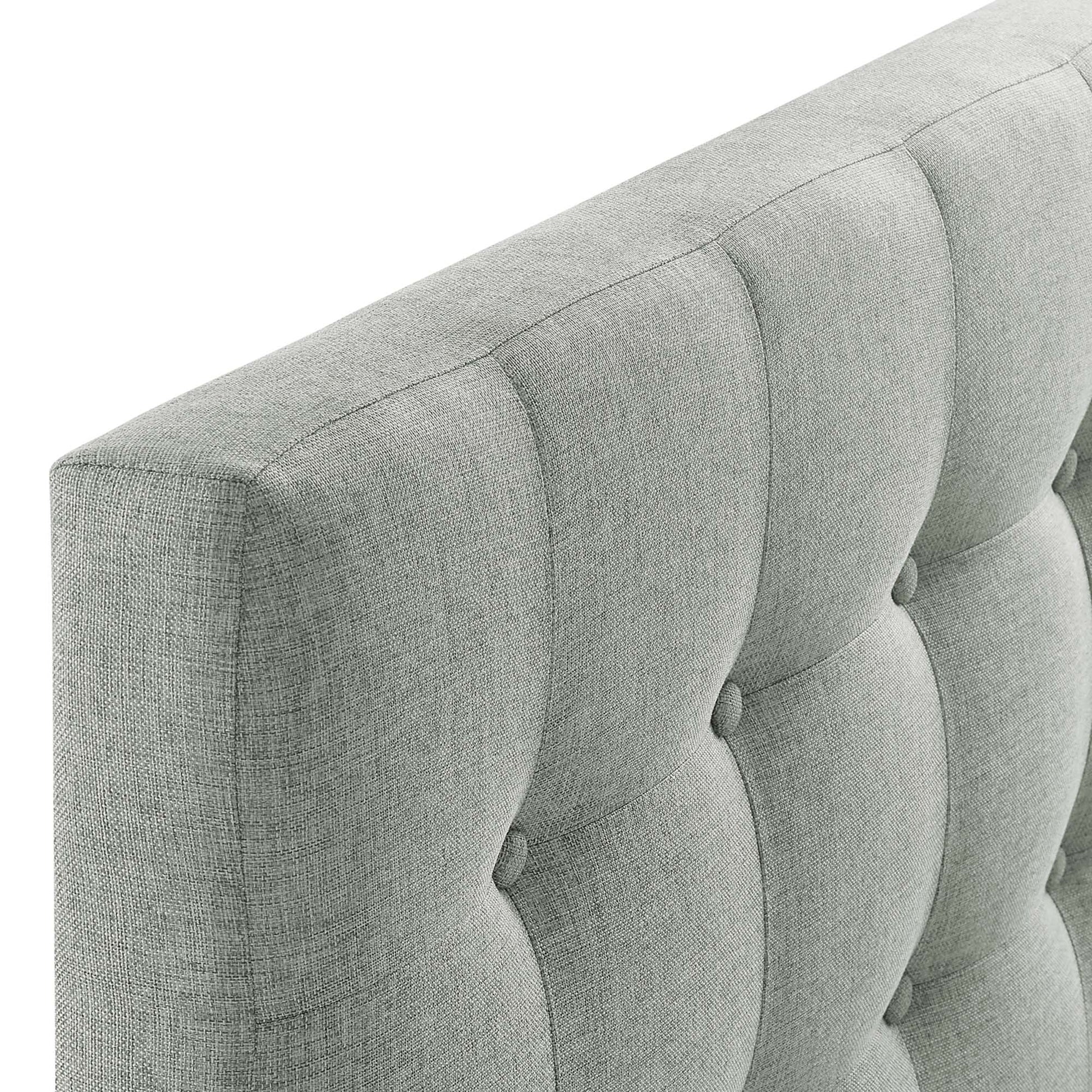 Grey tufted fabric twin headboard with vertical channels and button tufting.