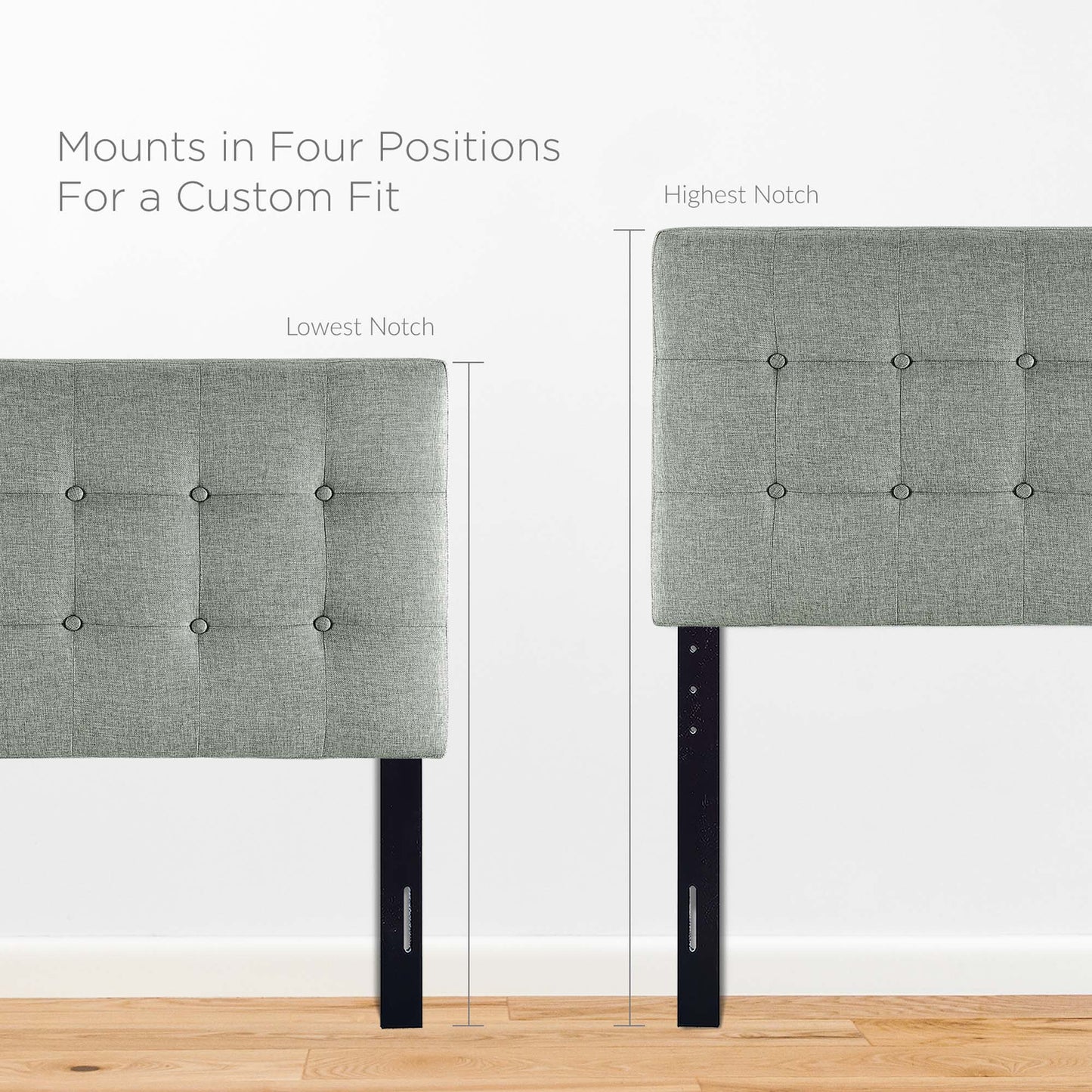 Two grey tufted upholstered panels form a twin headboard with black adjustable legs and four notch positions for a custom fit.