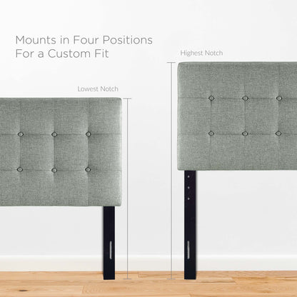 Two grey tufted upholstered panels form a twin headboard with black adjustable legs and four notch positions for a custom fit.