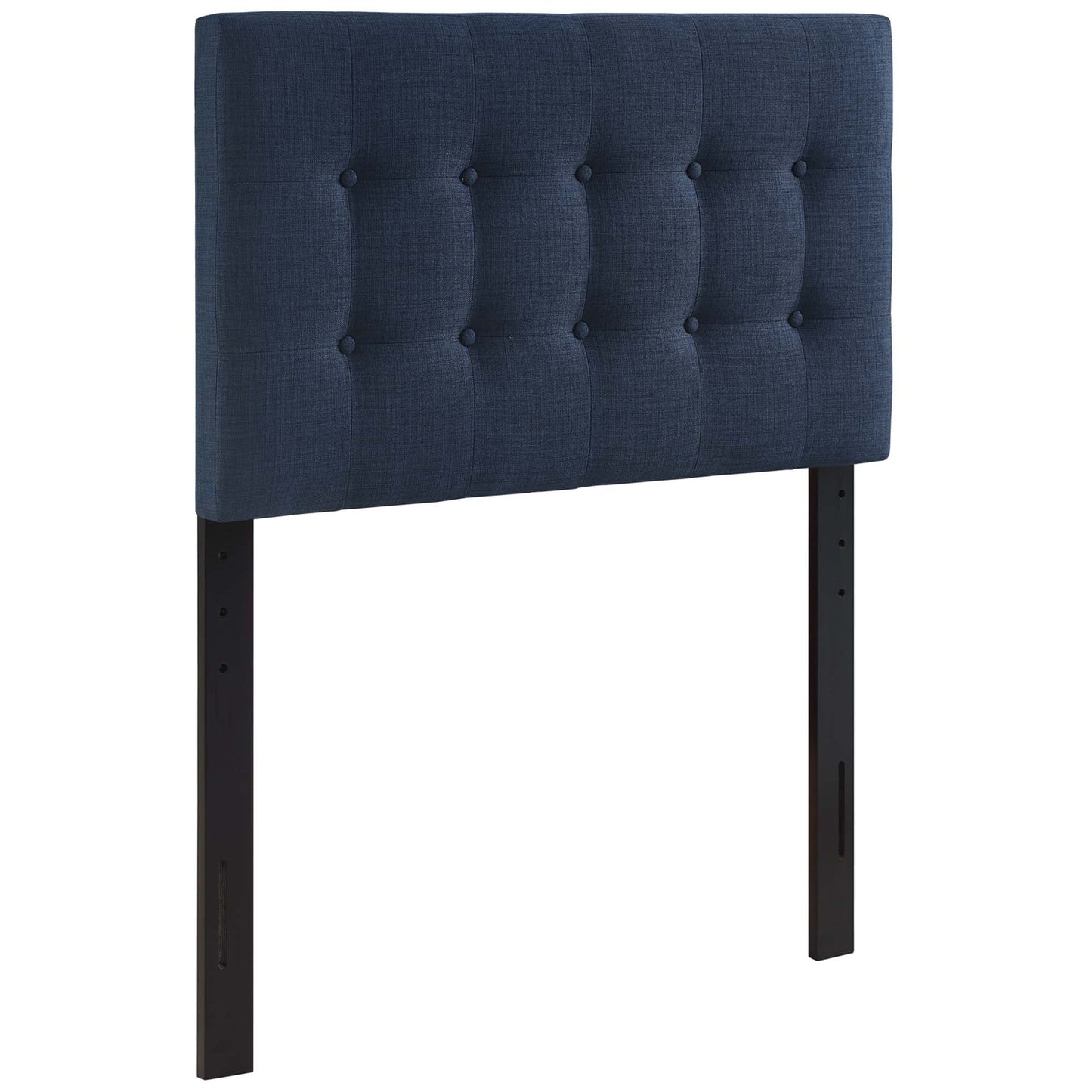 Navy blue tufted fabric headboard with square button tufting and black metal legs; modern bed accessory.