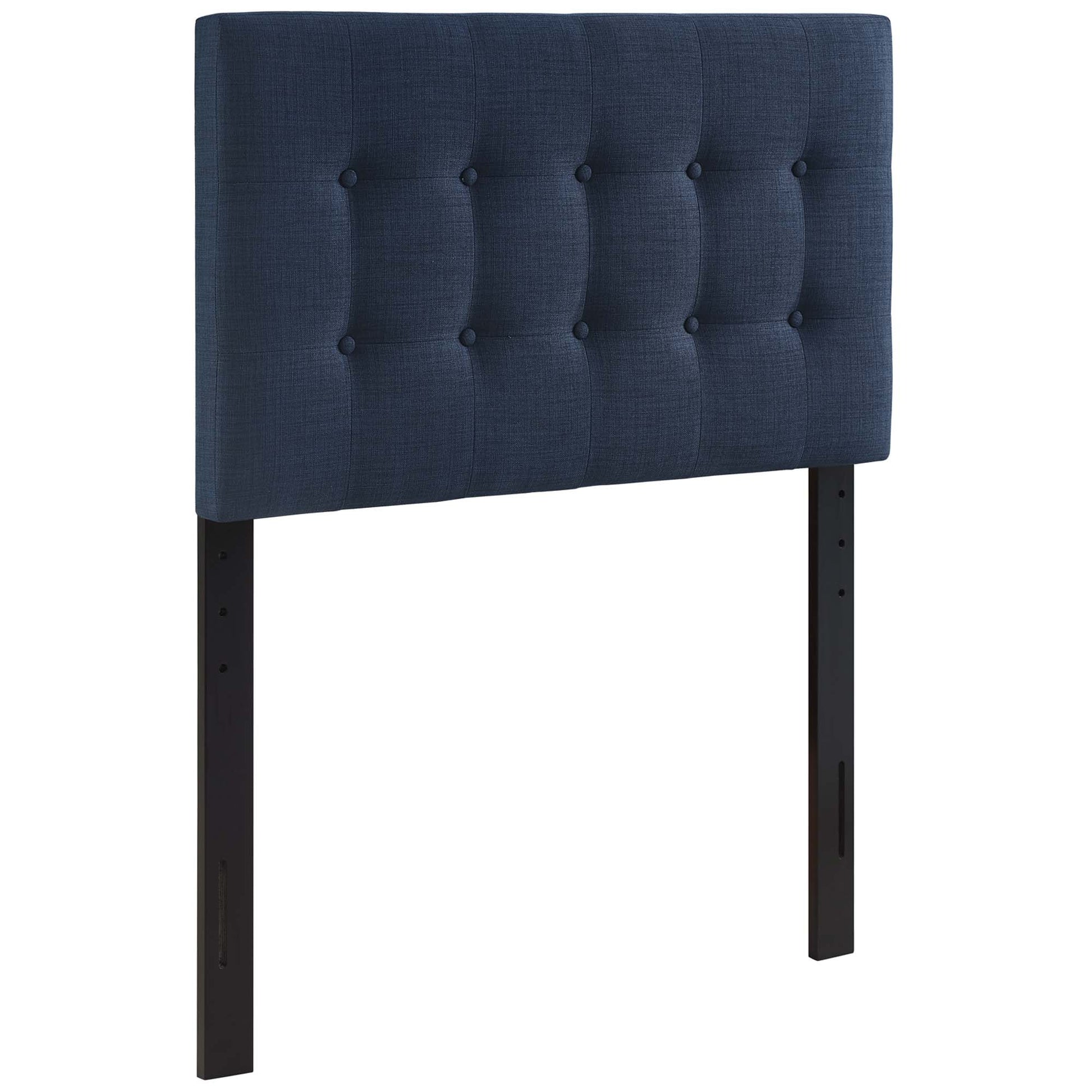 Navy blue tufted fabric headboard with square button tufting and black metal legs; modern bed accessory.